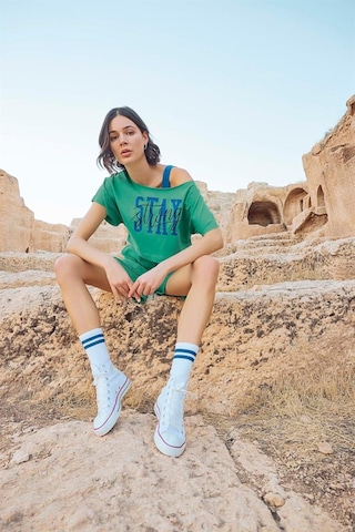 Monamise Kadın Kısa Kollu "stay Strong" 3'lü Crop Şort Takımı 23084-yeşil Yeşil