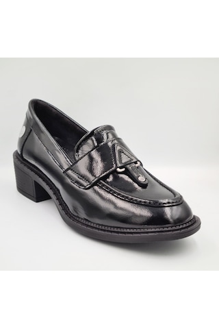Mammamia D25ka-7210 Siyah Rugan Hakiki Deri Kalın Topuklu 4cm Kadın Casual Klasik Ayakkabı Siyah Rugan