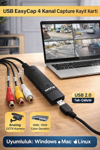 Usb 4 Kanal Easycap Video Capture Kayıt Kartı Rca & S-video Girişli Usb 2.0 Analog Görüntü Aktarıcı
