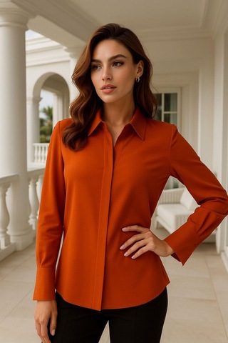 Kadın Kiremit Gizli Düğme Detaylı Slim Fit Trend Krep Gömlek Çok Renkli