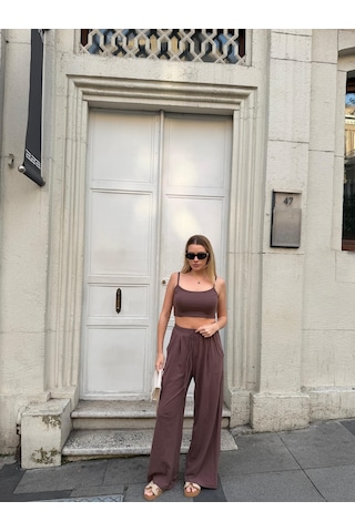 Bonacosa Kadın Viskon 3 Lü Takım Kimono + Beli Lastikli Salaş Pantolon + Crop 8 Renk Kahverengi