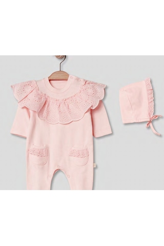 Pugi Baby Dantel Yaka Detaylı Bebek Tulum & Şapka Takımı Somon