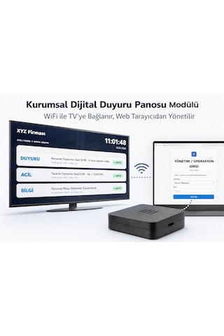 Kurumsal Dijital Duyuru Panosu Modülü Wifi İle Tv'ye Bağlanır, Web Tarayıcıdan Yönetilir