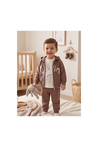 Deniva Kids Erkek Bebek Kulaklı Kapüşonlu Fermuarlı Hırka Tavşan Baskılı Sweatshirt Ve Eşofman Altı 3'lü Takım Kahverengi