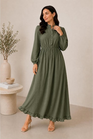 Hira Life Fashion Kadın Çilek Kumaş Ve Önü Düğmeli Eteği Fırfırlı Hakim Yaka Elbise Haki Haki