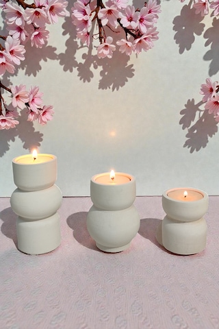 3lü Tealight Mumluk Seti - Dekoratif Beton Mumluk - Mumlar Dahildir Beyaz