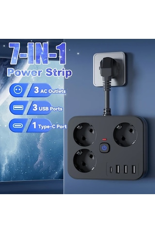 Xuweiwei 7si 1 Arada Priz 3 Ac 3 Usb 1 Type C Siyah Kısa Kablo 152 Cm Ev Ofis Seyahat