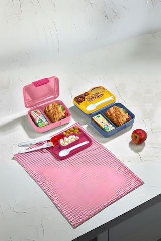 6 Bölmeli Yemek Saklama Kabı Çatal, Kaşık Ve Bıçaklı Beslenme Kutusu, Lunch Box Diyet, Mavi Desenli