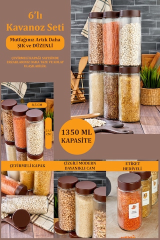 6'lı Plastik Kapaklı Cam Kavanoz Erzak Bakliyat Saklama Kabı Seti 1350 Ml Cam - Şeffaf