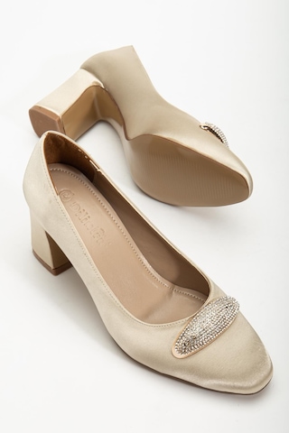 Kadın Siletto Topuklu Ayakkabı Gold Saten Taşlı Kalın Topuklu-4167 Gold Parlak