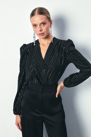 Sateen Parlak Çizgili Bodysuit Bluz - Siyah