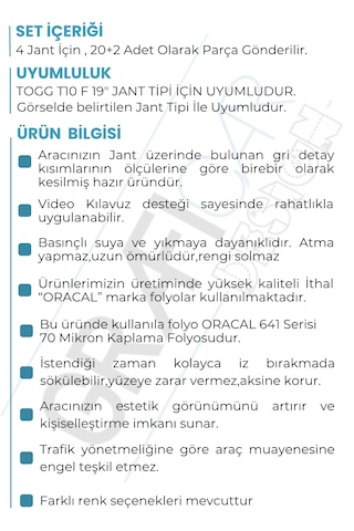 Togg T10f Sedan Jant Kaplama Sticker Set - 19 " Parlak Siyah