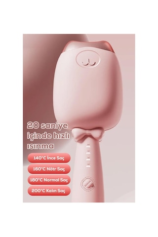 Mobgift Pembe Kedi Figürlü Seramik Saç Şekillendirici 200 Derece Hızlı Isınma Özelliği Açık Pembe