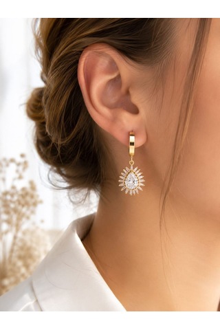 Cm Jewelry Zirkon Taşlı Damla Sallantılı Gold Çelik Küpe Altın