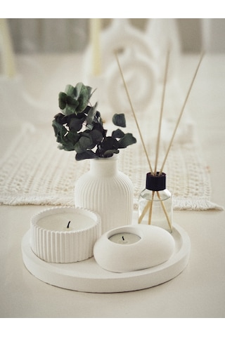 Dekoratif Tepside 5 Li Set Çizgili Vazo, Vanilya Kokulu Mum, Tealight Mumluk, Oda Kokusu Beyaz