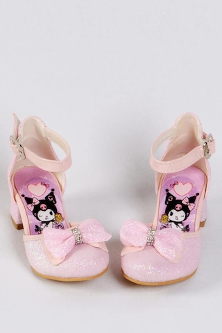 Nese Shoes Kız Çocuk Karakter Baskılı Topuklu Ayakkabı, Simli Fiyonklu Abiye Ayakkabı Pembe