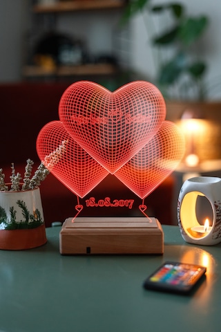 Sevgiliye 3 Kalp 16 Renk Kumandalı 3d Gece Lambası Çok Renkli
