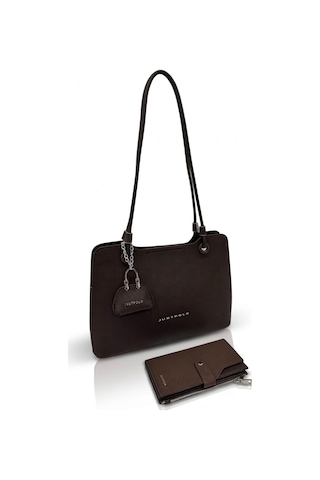 Just Polo Kadın Büyük Boy Premium Gümüş Logolu El Çantası Ve Cüzdanı Kombin Tote Bag Ebat : 22 X 34 Cm Kahverengi Kombin