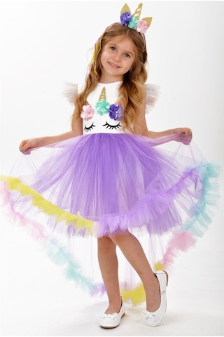 Unicorn Leylak Kuyruk Detaylı Gökkuşağı Taçlı Kız Çocuk Parti Elb