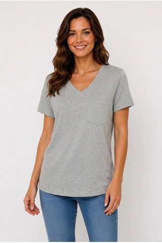 Lyvean V Yaka Cepli Oversize Tshırt Gri