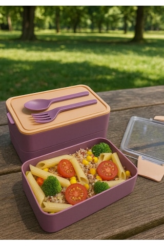 Titiz Fely 2 Katlı Öğle Yemeği Kabı - Çatal Kaşık Dahil - Sızdırmaz & Kilitli Lunch Box- Mor Renk Çok Renkli