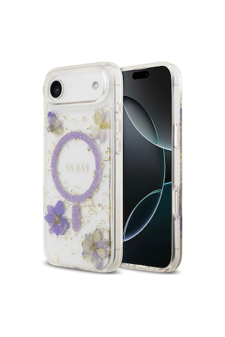 Apple Uyumlu iPhone 17 Air Kılıf Guess Lisanslı M-safe Şarj Özellikli Transparan Resin Flowers Kapak Mor Mor
