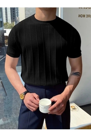 Efnaz Style Erkek Kısa Kollu Bisiklet Yaka Çizgili Triko Tişört Siyah