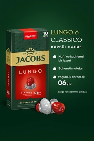 Jacobs Lungo 6 Classic Nespresso Uyumlu Kapsül Kahve 10 Lu X 5 A PKT.JACOBS.014 Kapsül Kahve