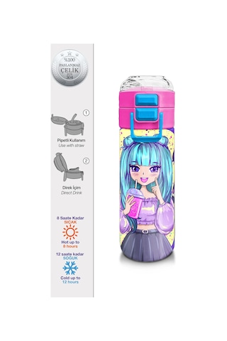 Coral High Kids Mor Pembe Anime Kız Desenli Pipetli Ve Direkt İçim Çelik Termos 500 Ml 31942 Mor