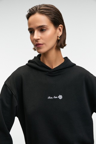 Grimelange Camellıa Kadın Önü Nakışlı Etek Ucu Yırtmaçlı Kapüşonlu Comfort Fit Siyah Sweatshirt Siyah