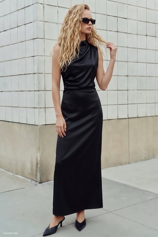 Sateen Kolsuz Saten Elbise - Siyah-137972
