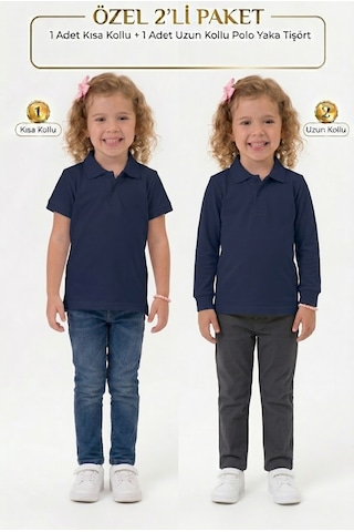 Nacar Store Unisex Çocuk Uzun Ve Kısa Kollu Polo Yaka Okul Tişörtü 2'li Set Lacivert