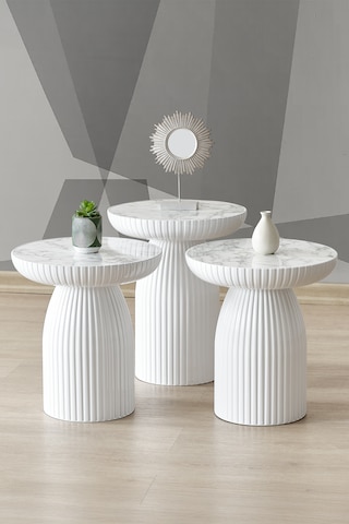 Dıamond,bohem Sehpa, 3'lü Set,yan Sehpa,zigon Sehpa-beyaz Renk Gövde & Beyaz Mermer Desenli Tabla Beyaz Gövde & Beyaz Mermer Desenli Tabla
