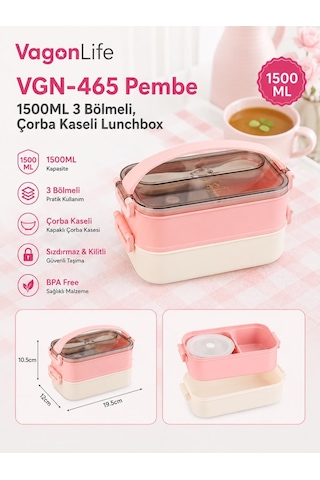 Vagonlife Vgn-465 Pembe 1500 Ml Kapasiteli 3 Bölmeli Çorba Kaseli Lunch Box Beslenme Kabı Çok Renkli