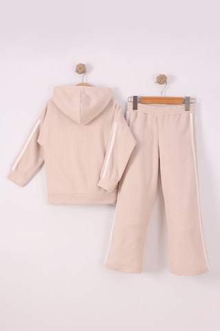 Monox Kız Çocuk Çiçek Baskılı İpli Şeritli Pantolon Fitilli Polar Takım Bej