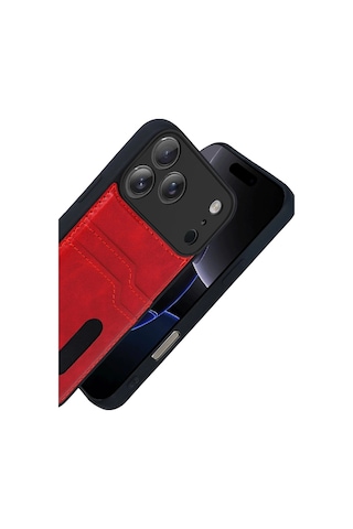 Apple, Uyumlu iPhone 17 Pro Sara Kartvizitli Deri Kılıf Kırmızı