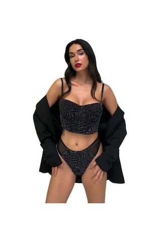 Onsekiz18shop Destekli Pırıltılı Taşlı Siyah Büstiyer Takım