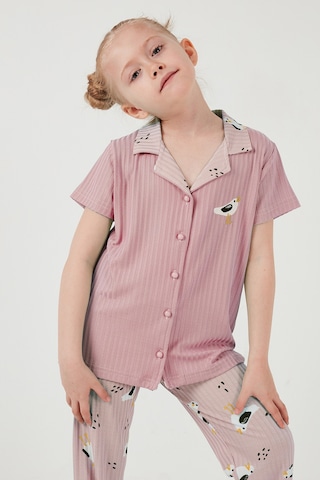 Lela Baskılı Beli Lastikli Gömlek Yaka Kısa Kollu Kız Çocuk Pijama Takımı 6576001 Pembe