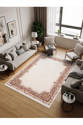 Fontana Ft003p Krem Kahve Akrilik Halı Klasik Desen Pamuk Taban Tozu Az Salon Oturma Odası Halısı-1046 Krem