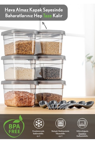 6'lı Sızdırmaz Kapaklı Kaşıklı Baharatlık Seti - Etiketli Baharat Saklama Kabı - 6 X 580 Ml Gri