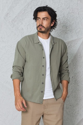 Blayn Jeans Erkek Uzun Kollu Keten Görünümlü Gömlek Oversize Kalıp Çağla