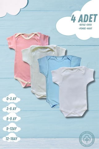 Betül Bebek Kısa Kollu 4'lü Organik Pamuk Çıtçıtlı Bebek Body & Zıbın Pembe,ekru,mavi,beyaz Çok Renkli