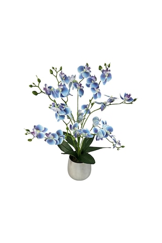Yapay Çiçek Mavi 9 Dallı Islak Orkide Gümüş Metal Saksıda Saksıda Orkide 60cm Mavi