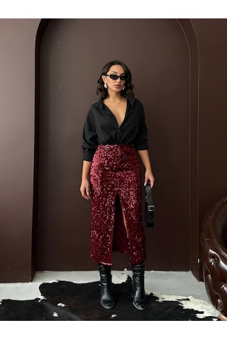 Verymoda Pullu Kadife Uzun Etek F2053 Bordo