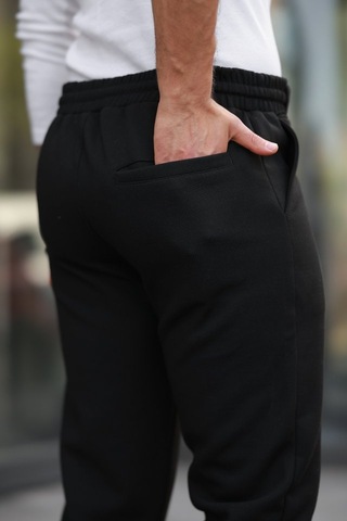 Erkek Beli Bağcıklı Duble Paça Örme Pamuklu Kumaş Jogger Pantolon Siyah