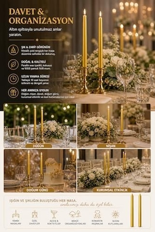 2 Li Altın Gold Metalik Şamdan Mum Seti 25 Cm Dekoratif İnce Şamdan Mum, Kokusuz Parafin Wax,%100 Pamuk Fitil, El Döküm, Uzun Süre Yanma 10 Saat , Şık Sofra, Davet, Nişan, Düğün 50 x 22