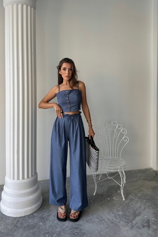 Drgy Giyim Tencel Crop Askılı Bluz - Şalvar Pantolon Tk - İndigo
