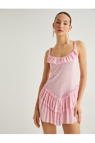 Koton İnce Askılı Fırfırlı Mini Elbise Katlı Astarlı Pembe 4sak80354ek Gül