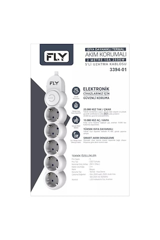 Fly 3394-01 Termal Akım Korumalı 5 Prizli Anahtarlı Kablo 2 Metre