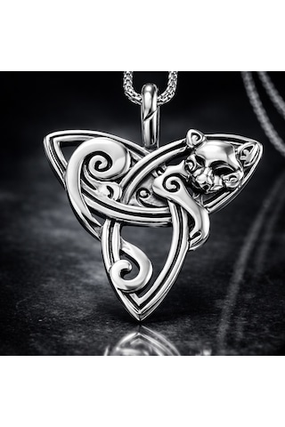 Çelik Triquetra Sembol Gotik Kelt Düğüm Kedi Kolye Çelik